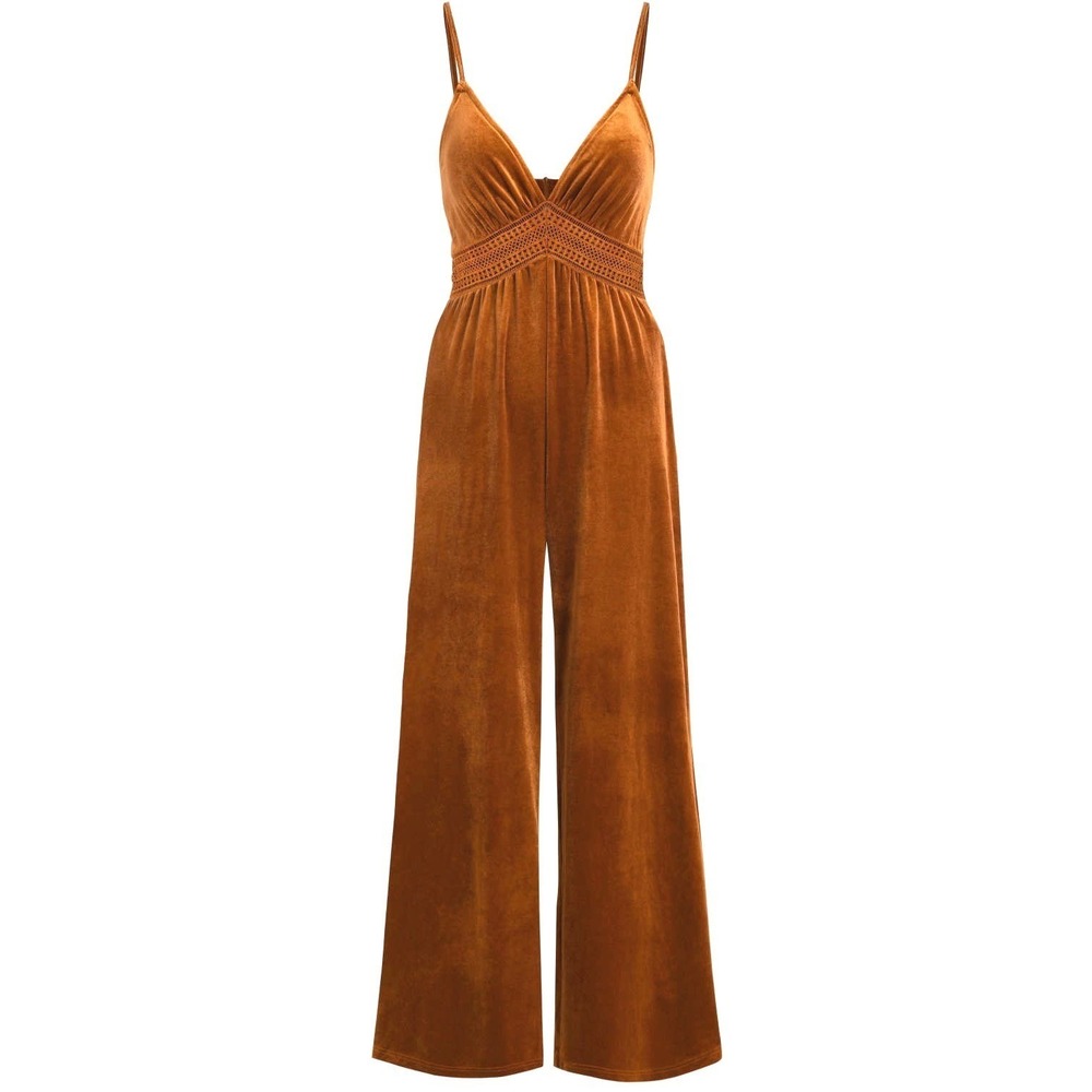 CIDER Velvet Wide Leg Rust‎ Orange  Jumpsuit XL Crochet Lace Boho Romantic Fall